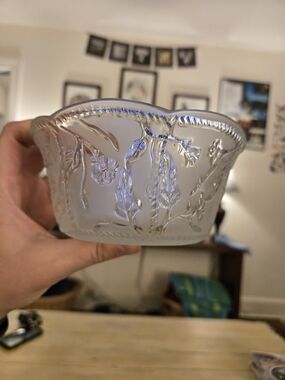 Vintage KIG Indonesia Frosted Glass Bowl - Floral Design